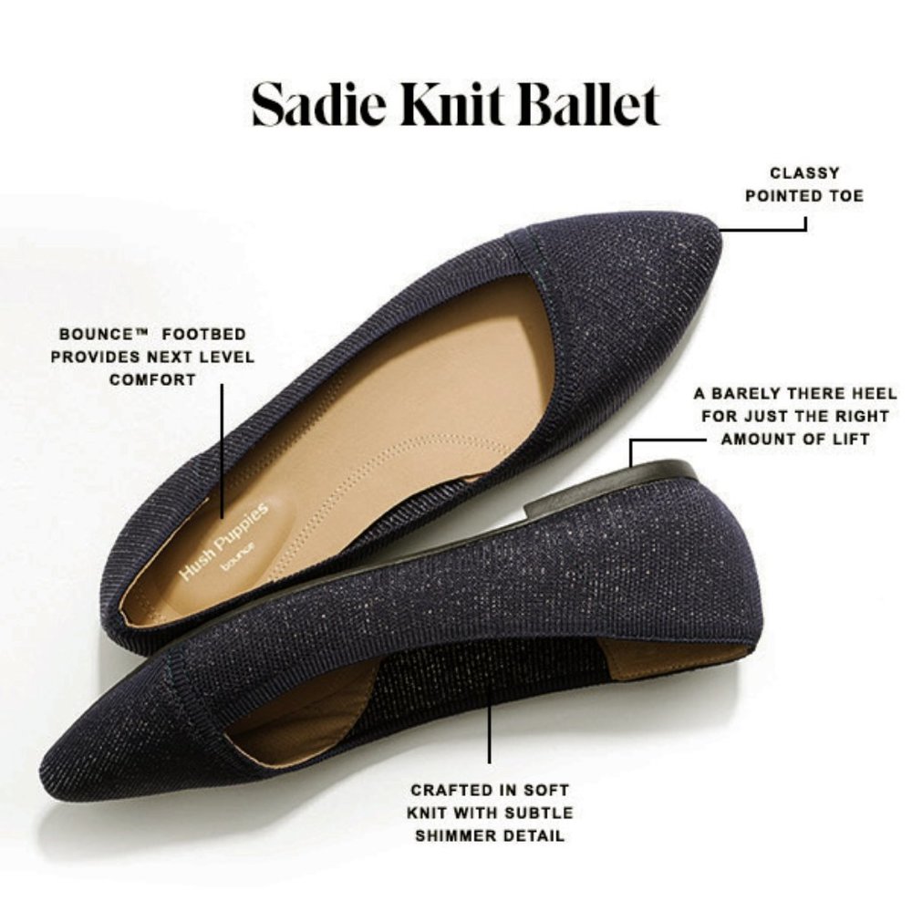 NEW Hush Puppies Sadie Knit Asymmetric V Cut Silver Shimmer Metallic Ballet Flat - Picture 9 of 10